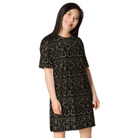 Krampus Christmas Pattern pattern on women's oversized T-shirt dress, right-front view