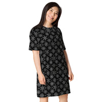 Gothic Snowflakes pattern on women's oversized T-shirt dress, right-front view