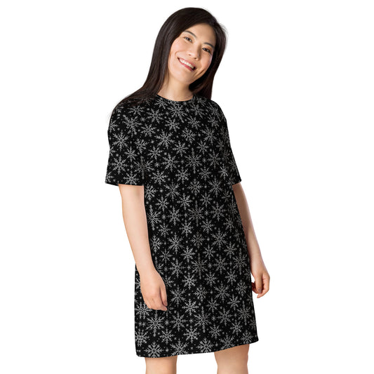 Gothic Snowflakes pattern on women's oversized T-shirt dress, right-front view