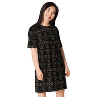 Gothic Christmas Tree pattern on women's oversized T-shirt dress, right-front view