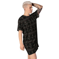 Gothic Christmas Tree pattern on women's oversized T-shirt dress, right-front view