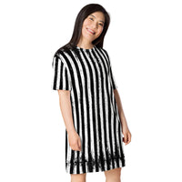 Distressed Vertical Stripes pattern on women's oversized T-shirt dress, right-front view