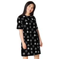 Viking Runes & Norse Symbols pattern on women's oversized T-shirt dress, right-front view