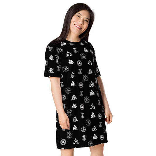 Viking Runes & Norse Symbols pattern on women's oversized T-shirt dress, right-front view
