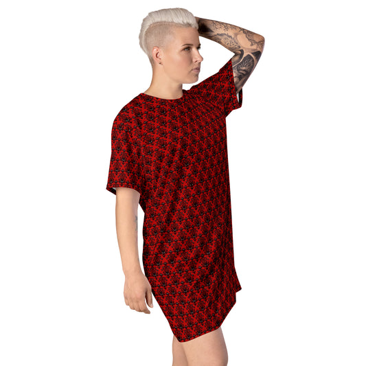 Red Haunted Mansion pattern on women's oversized T-shirt dress, right-front view