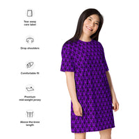 Purple Haunted Mansion pattern on women's oversized T-shirt dress, right-front view