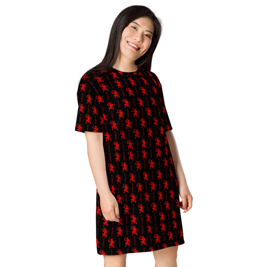 Black Krampus pattern on women's oversized T-shirt dress, right-front view