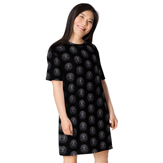 All-Seeing Eye Medallions pattern on women's oversized T-shirt dress, right-front view