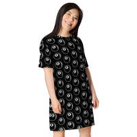 8 Ball Billiards pattern on women's oversized T-shirt dress, right-front view