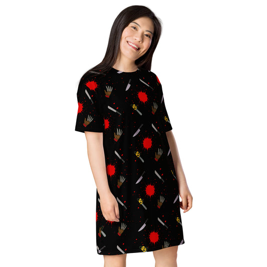 Classic Horror Weapons pattern on women's oversized T-shirt dress, right-front view