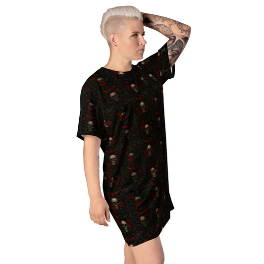 Skulls Bats Roses & Ravens pattern on women's oversized T-shirt dress, right-front view