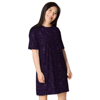 Purple Tarot Cards pattern on women's oversized T-shirt dress, right-front view