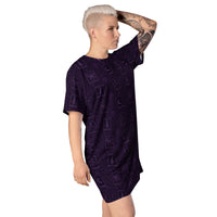 Purple Tarot Cards pattern on women's oversized T-shirt dress, right-front view
