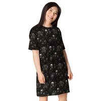 Skulls & Roses pattern on women's oversized T-shirt dress, right-front view
