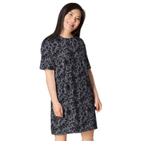 Black Rose Lace pattern on women's oversized T-shirt dress, right-front view