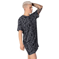 Black Rose Lace pattern on women's oversized T-shirt dress, right-front view
