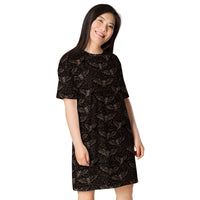 Vampire Bat Skeletons pattern on women's oversized T-shirt dress, right-front view