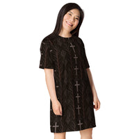 Gothic Cross & Dead Trees pattern on women's oversized T-shirt dress, right-front view