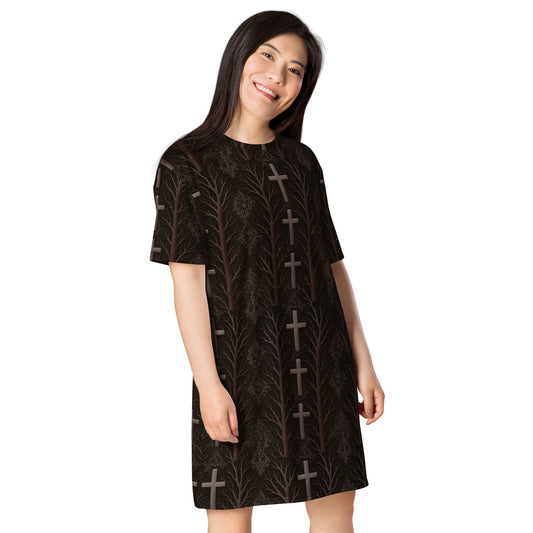 Gothic Cross & Dead Trees pattern on women's oversized T-shirt dress, right-front view