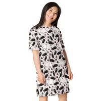 Hearse & Coffin pattern on women's oversized T-shirt dress, right-front view