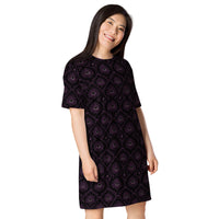 All-Seeing Eye pattern on women's oversized T-shirt dress, right-front view