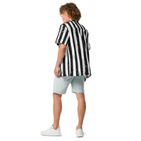 Distressed Black & White Stripes patterned button-up shirt, back view