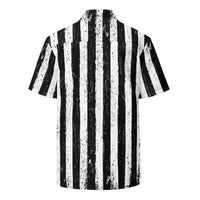 Distressed Black & White Stripes patterned button-up shirt, back view