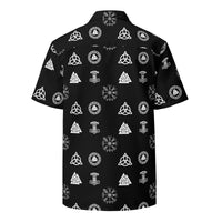 Black & White Norse Runes patterned button-up shirt, back view