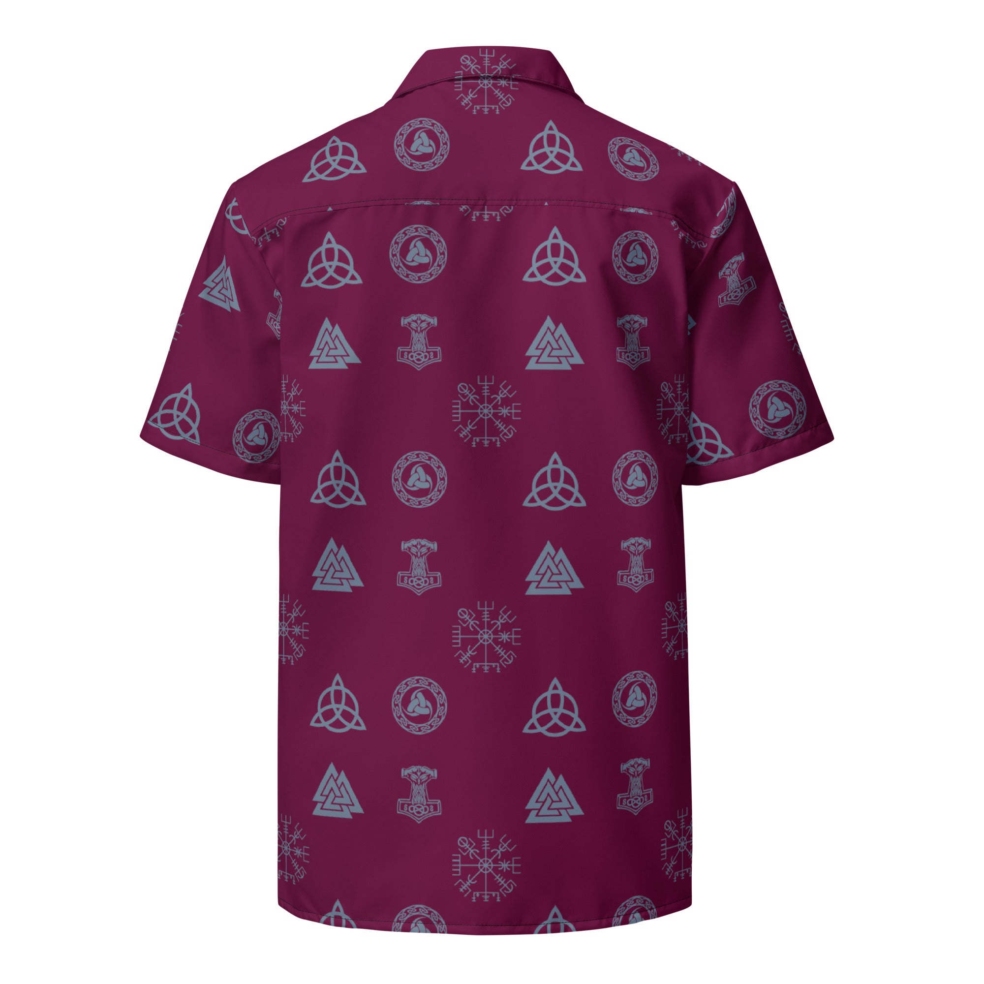 Viking Symbols and Ancient Norse Runes Button Up Shirt Burgundy and Grey