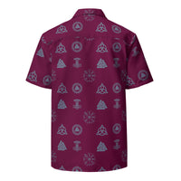 Burgundy Norse Runes patterned button-up shirt, back view