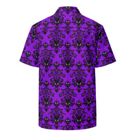 Purple Haunted Mansion patterned button-up shirt, back view