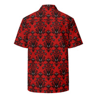 Red Haunted Mansion patterned button-up shirt, back view