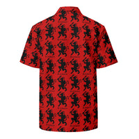 Red Krampus patterned button-up shirt, back view