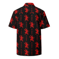 Black Krampus patterned button-up shirt, back view