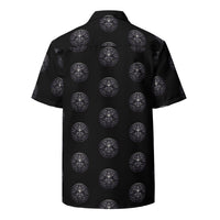 All-Seeing Eye patterned button-up shirt, back view