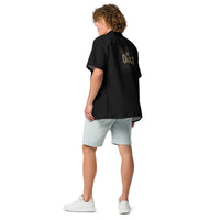Black unisex button-up shirt, back view