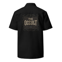 Black unisex button-up shirt, back view