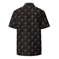 Skull & Red Rose patterned button-up shirt, back view