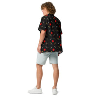 Classic Horror Weapons patterned button-up shirt, back view