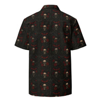 Skull Bat & Rose patterned button-up shirt, back view