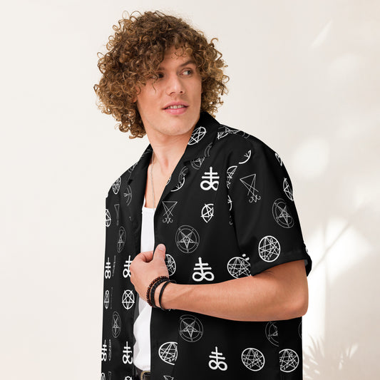 Demonology Occult Symbols patterned button-up shirt, front view
