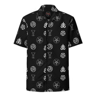 Demonology Occult Symbols patterned button-up shirt, front view