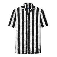 Distressed Black & White Stripes patterned button-up shirt, front view