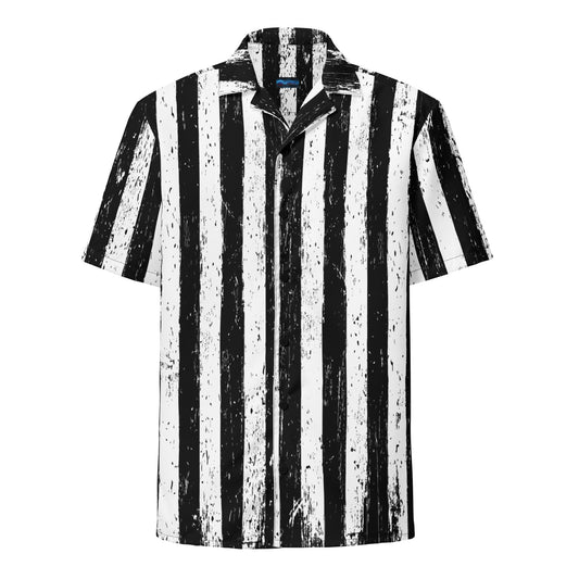 Distressed Black & White Stripes patterned button-up shirt, front view