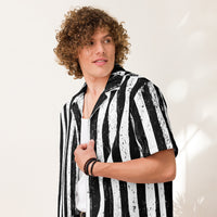 Distressed Black & White Stripes patterned button-up shirt, front view