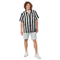 Distressed Black & White Stripes patterned button-up shirt, front view