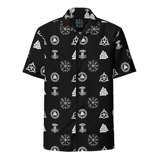 Black & White Norse Runes patterned button-up shirt, front view