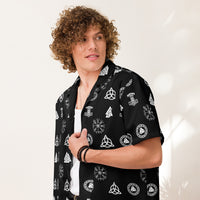 Black & White Norse Runes patterned button-up shirt, front view