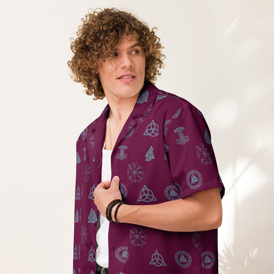 Burgundy Norse Runes patterned button-up shirt, front view