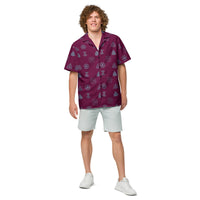 Burgundy Norse Runes patterned button-up shirt, front view